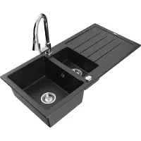 Mexen Andres granieten spoelbak 1,5-komor met afdruiprek en keukenmengkraan Elia, zwart/zilver metallic - 6515-73-670101-00