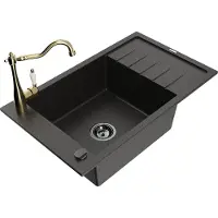 Mexen Elias granieten spoelbak 1-komors met afdruiprek en keukenkraan Carla, zwart/goud metallic - 6511-75-670700-50-B