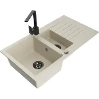 Mexen Matias granieten gootsteen 1,5-kamer met afdruiprek en keukenmengkraan Rita, beige - 6502-69-670300-70