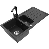 Mexen Andres granieten spoelbak 1,5-komor met afdruiprek en keukenkraan Rita, zwart/zilver metallic - 6515-73-670300-70