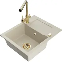Mexen Enzo granieten gootsteen met 1 kom, afdruiprek en Duero keukenkraan, beige - 6506-69-671600-50