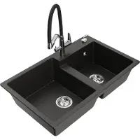 Mexen Tomas granieten gootsteen met 2 kamers en keukenkraan Duo, zwart/goud metallic - 6516-75-671701-07