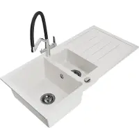 Mexen Andres granieten spoelbak 1,5-compartiment met afdruiprek en keukenkraan Duo, wit - 6515-20-671701-07-B