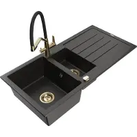 Mexen Andres granieten gootsteen 1,5-komor met afdruiprek en keukenkraan Duo, zwart/goud metallic - 6515-75-671701-57-G