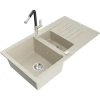 Mexen Matias granieten spoelbak 1,5-kamerig met afdruiprek en keukenkraan Flora, beige - 6502-69-670401-07