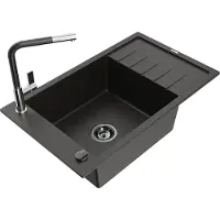 Mexen Elias granieten gootsteen 1-kompartment met afdruiprek en keukenkraan Flora, zwart/gouden metallic - 6511-75-670401-07-B