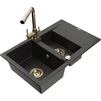Mexen Gaspar granieten gootsteen met 1,5 bakken en afdruiprek en keukenkraan Duero, zwart/goud metallic - 6507-75-671600-50