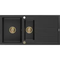 Mexen Andres granitische gootsteen 1,5-kamer met afdruiprek 1000 x 500 zwart/zilveren metallic, gouden sifon