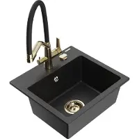Mexen Milo granieten spoelbak 1-kompartment met keukenkraan Duo, zwart/zilver metallic - 6505-73-671701-57-G