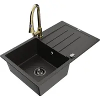 Mexen Bruno granieten spoelbak met 1 bakje met afdruiprek en keukenmengkraan Elia, zwart/gouden metallic - 6513-75-670101-50-B
