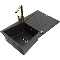 Mexen Cesar granieten gootsteen 1-kompartment met afdruiprek en keukenkraan Rita, zwart/goud metallic - 6514-75-670300-50-B