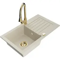 Mexen Pablo granieten spoelbak 1-kom. met afdruiprek en keukenkraan Elia, beige - 6510-69-670101-50