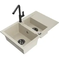 Mexen Gaspar granieten spoelbak 1,5-komoren met druiprek en keukenmengkraan Flora, beige - 6507-69-670401-70-B