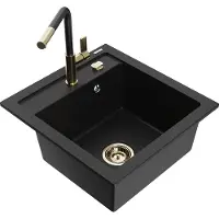 Mexen Vito granieten spoelbak 1-komerig met keukenkraan Flora, zwart - 6503-77-670401-57-G
