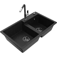 Mexen Tomas granieten spoelbak 2-kamer met keukenmengkraan Flora, zwart - 6516-77-670401-07-B