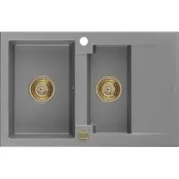 Mexen Gaspar granieten gootsteen 1,5-koer met afdruiprek 737 x 475 , grijs, gouden sifon - 6507731505-71-G