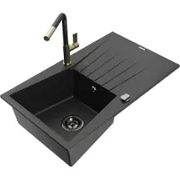 Mexen Cesar granit keukenwastafel met 1 bak, druiprek en keukenkraan Flora, zwart/zilveren metallic - 6514-73-670401-57-B