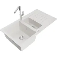 Mexen Matias granieten spoelbak 1,5-kamer met afdruiprek en keukenkraan Flora, wit - 6502-20-670401-00