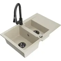 Mexen Gaspar graniet gootsteen 1,5-komor met afdruiprek en keukenmengkraan Elia, beige - 6507-69-670101-70