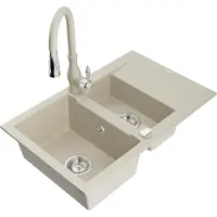 Mexen Gaspar granieten spoelbak 1,5-komorige met afdruiprek en keukenmengkraan Savita, beige - 6507-69-672601-69