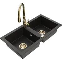 Mexen Mario granieten spoelbak met 2 compartimenten en keukenmengkraan Savita, zwart/goud metallic - 6504-75-672601-50