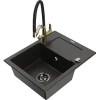 Mexen Enzo granieten gootsteen 1-kompaart met afdruiprek en keukenmengkraan Duo, zwart/goud metallic - 6506-75-671701-57-B