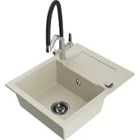 Mexen Enzo granieten gootsteen 1-kompartment met afdruiprek en keukenmengkraan Duo, beige - 6506-69-671701-07-B
