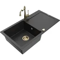 Mexen Leo granieten gootsteen 1-komers met afdruiprek en keukenkraan Carla, zwart/zilver metallic - 6501-73-670700-50