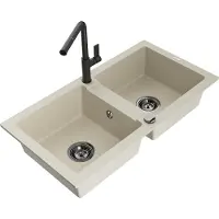 Mexen Mario granieten gootsteen 2-kamer met keukenmengkraan Flora, beige - 6504-69-670401-70-B