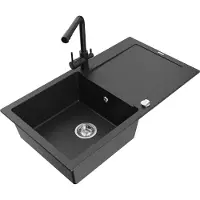 Mexen Leo granieten spoelbak 1-komorig met afdruiprek en keukenkraan Duero, zwart/zilver metallic - 6501-73-671600-70
