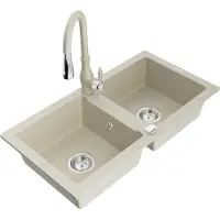 Mexen Mario granieten gootsteen 2-kamer met keukenmengkraan Savita, beige - 6504-69-672601-69