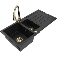 Mexen Andres granieten spoelbak 1,5-kamer met afdruiprek en keukenkraan Elia, zwart - 6515-77-670101-50