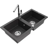 Mexen Mario granieten spoelbak 2-kamer met keukenkraan Flora, zwart gespikkeld - 6504-76-670401-00