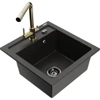 Mexen Vito granieten gootsteen 1-komorige met keukenkraan Duero, zwart/gouden metallic - 6503-75-671600-50-B