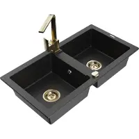 Mexen Mario granieten gootsteen met 2 kamers en keukenmengkraan Rita, zwart/zilver metallic - 6504-73-670300-50