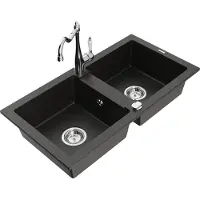 Mexen Mario granieten gootsteen met 2 kamers en keukenkraan Carla, zwart/goud metallic - 6504-75-670700-00