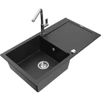 Mexen Leo granieten spoelbak 1-komerig met afdruiprek en keukenkraan Flora, zwart/zilveren metallic - 6501-73-670401-00