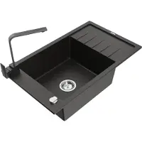 Mexen Elias granieten gootsteen 1-komorige met afdruiprek en keukenkraan Rita, zwart/gouden metallic - 6511-75-670300-70