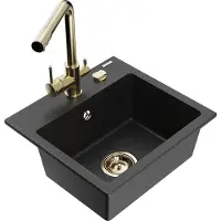Mexen Milo granieten spoelbak met 1 bak en Duero keukenkraan, zwart/zilver metallic - 6505-73-671600-50