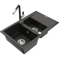 Mexen Gaspar granieten gootsteen met 1,5 kamer met afdruiprek en keukenkraan Flora, zwart/goud metallic - 6507-75-670401-07