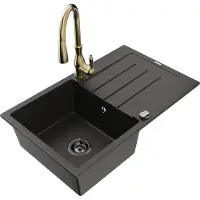 Mexen Bruno granieten gootsteen 1-komers met afdruiprek en keukenkraan Savita, zwart/goud metallic - 6513-75-672601-50-B