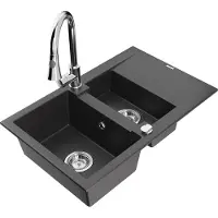 Mexen Gaspar granieten spoelbak 1,5-kamer met afdruiprek en keukenmengkraan Elia, zwart gespikkeld - 6507-76-670101-00
