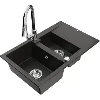 Mexen Gaspar granieten spoelbak 1,5-komers met druiprek en keukenmengkraan Elia, zwart/goud metallic - 6507-75-670101-00