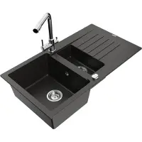 Mexen Matias granieten spoelbak 1,5-komors met afdruiprek en Duero keukenkraan, zwart/goud metallic - 6502-75-671600-00