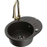 Mexen Kevin granieten spoelbak 1-kompartiment met afdruiprek en keukenkraan Elia, zwart/goud metallic - 6517-75-670101-50-B