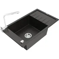 Mexen Elias granieten gootsteen 1-koer met afdruiprek en keukenkraan Rita, zwart/goud metallic - 6511-75-670300-00
