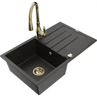 Mexen Bruno granieten spoelbak met 1 bak en afdruiprek en Savita keukenkraan, zwart/goud metallic - 6513-75-672601-50
