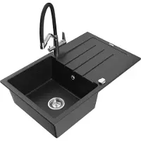 Mexen Bruno granieten spoelbak 1-komerig met afdruiprek en Duo keukenkraan, zwart/zilver metallic - 6513-73-671701-07