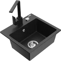 Mexen Milo granieten spoelbak met 1 bak en keukenkraan Rita, zwart/zilveren metallic - 6505-73-670300-70