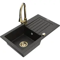 Mexen Pablo granieten spoelbak met 1 bak, afdruiprek en keukenkraan Elia, zwart/goud metallic - 6510-75-670101-50